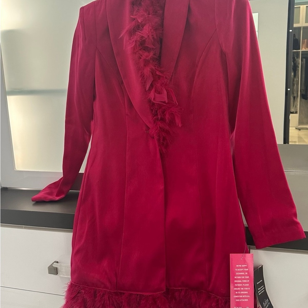 Elegant Red Feather-Trimmed Blazer dress
